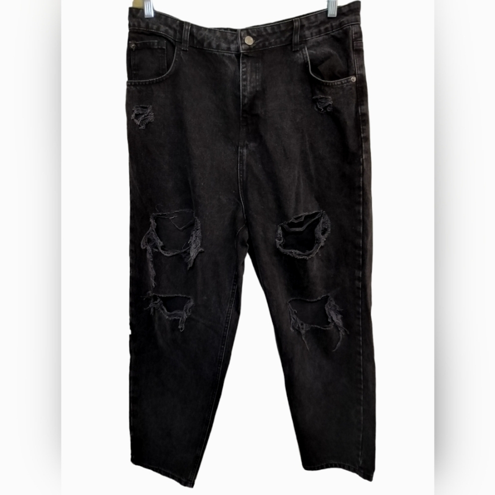 2224) Pretty Little Thing Denim  Washed Black Distressed Mom Jeans Size 12